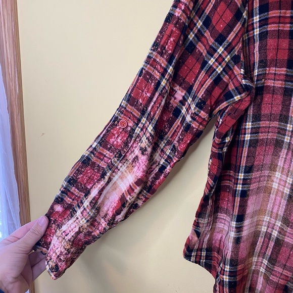 Hand Bleached DIY Custom Made Red Black Plaid Button Down Flannel Women’s - Picture 3 of 8